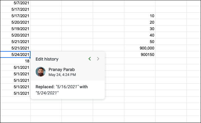 L'historique des modifications d'une cellule dans Google Sheets