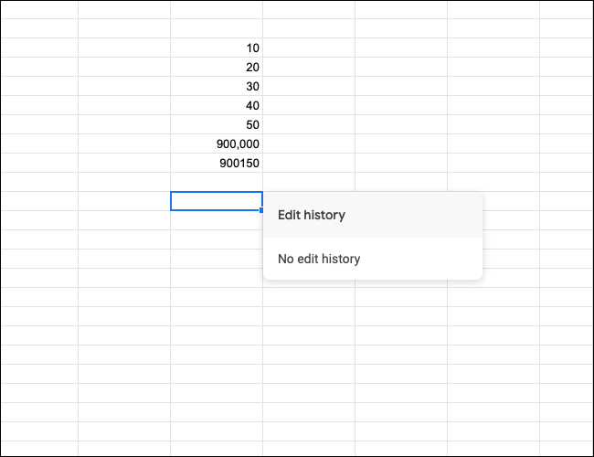 Si vous n'avez apporté aucune modification à une cellule dans Google Sheets, vous verrez une fenêtre contextuelle avec le message "Pas d'historique des modifications"
