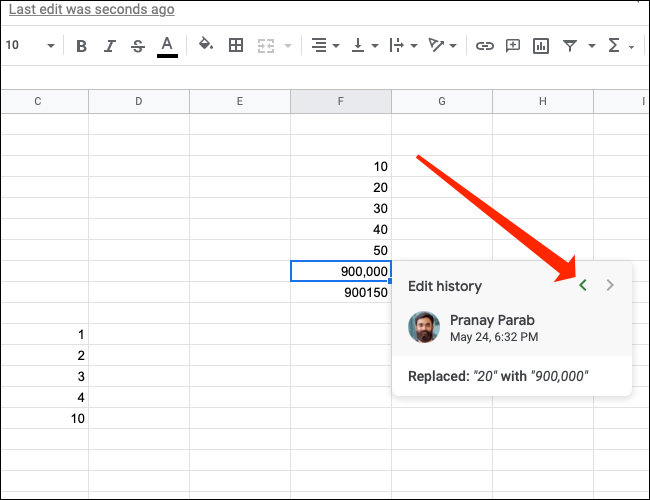 Cliquez sur la flèche gauche pour voir les anciennes modifications apportées à une cellule dans Google Sheets