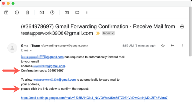 E-mail de l'équipe Gmail pour le transfert
