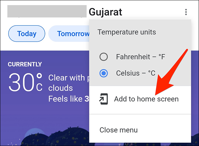 Sélectionner "Ajouter à l'écran d'accueil" dans le menu de la carte météo de l'appli Google.