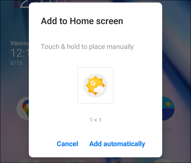 Application météo "Ajouter à l'écran d'accueil" pop-up sur Android.