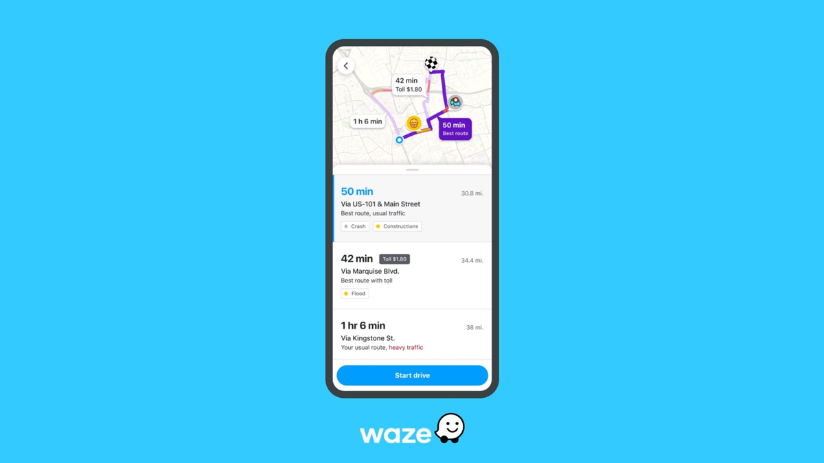 La nouvelle fonctionnalité Pre-Drive de Waze affichant les informations sur les itinéraires à venir et les itinéraires alternatifs