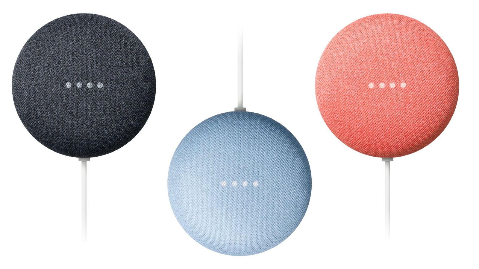 Google Nest Mini aux couleurs anthracite, ciel et corail