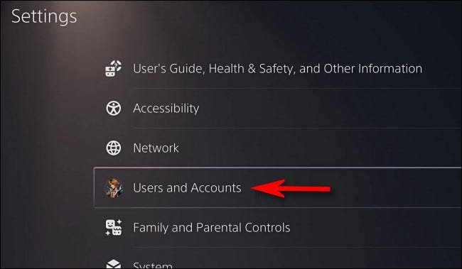 Dans Paramètres PS5, sélectionnez "Utilisateurs et comptes."