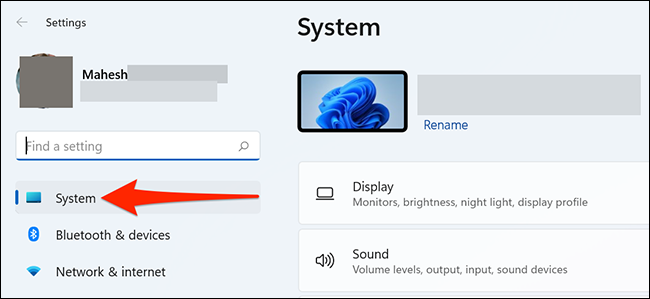Sélectionner "Système" dans Paramètres sous Windows 11.