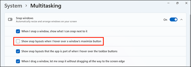 Désactivez le "Afficher les dispositions d'accrochage lorsque je survole le bouton d'agrandissement d'une fenêtre" option dans Paramètres sur Windows 11.