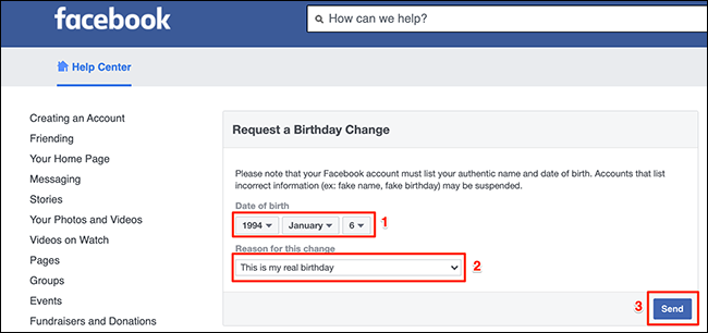 Facebook "Demander un changement d'anniversaire" page Web.