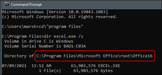 Le répertoire d'Excel renvoyé dans l'invite de commande.