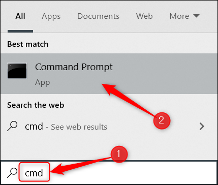Taper "cmd" dans la barre de recherche Windows et cliquez sur Invite de commandes.
