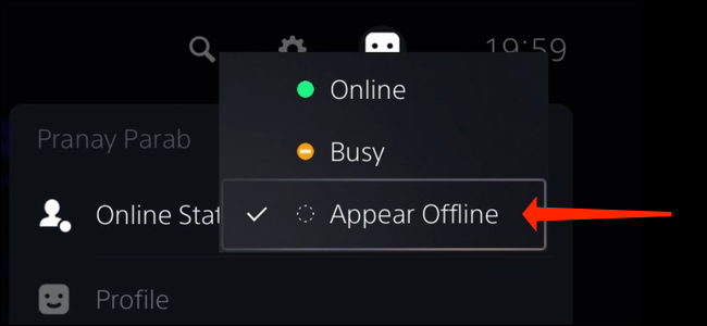 Sélectionner "Apparaitre hors-ligne" pour arrêter de le dire à vos amis lorsque vous êtes en ligne sur la PS5.  Cette option apparaît sous "Statut en ligne."