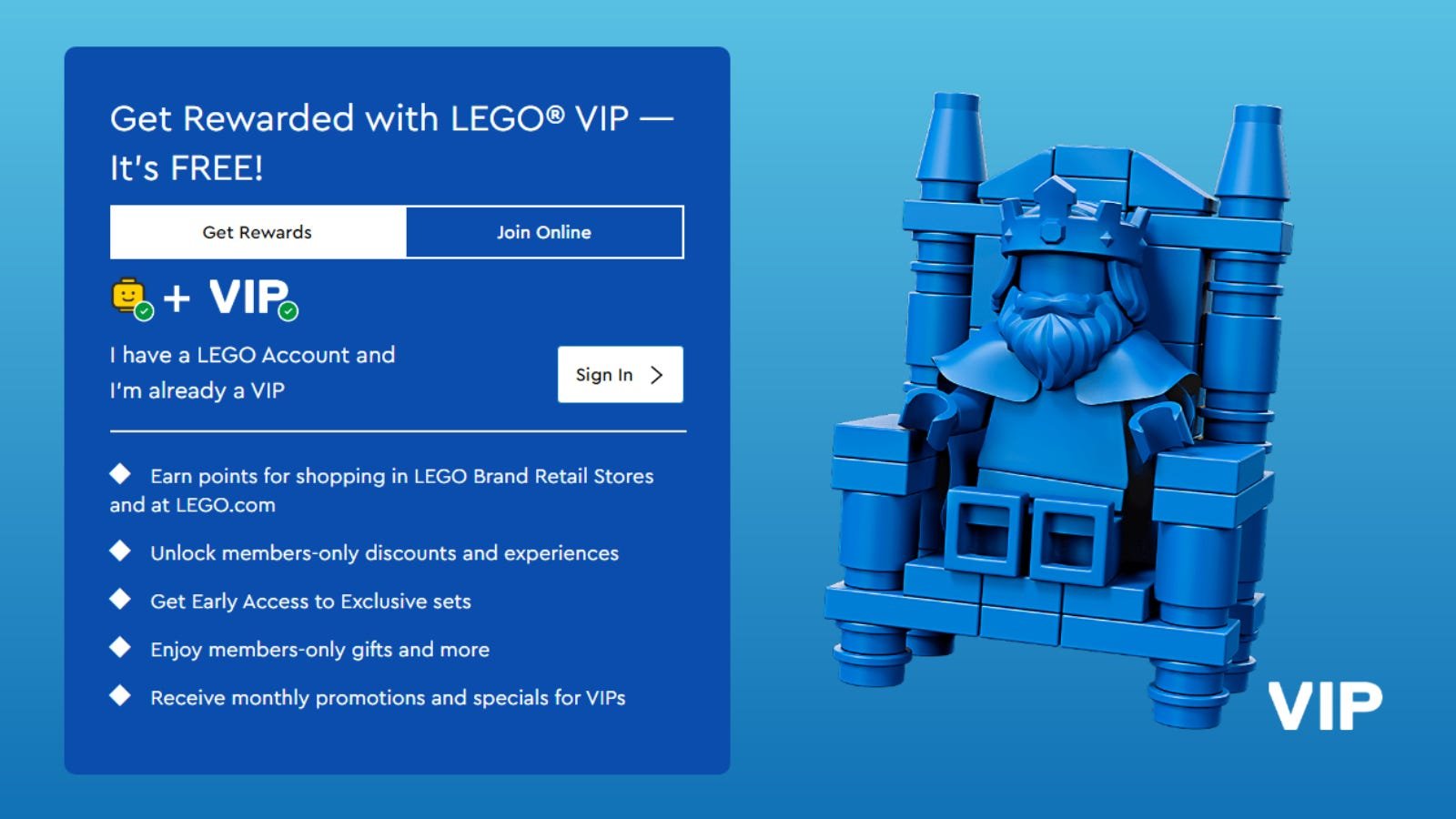 Page de publicité des récompenses LEGO VIP