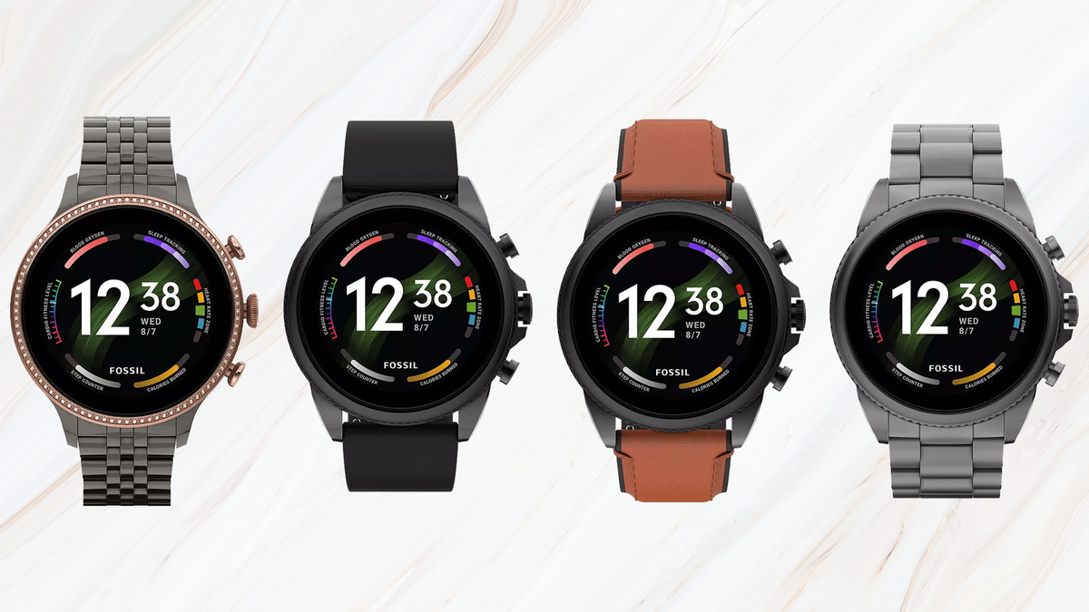 Fuite de photos de quatre versions de montres connectées Fossil Gen 6 sur un fond de texture en marbre