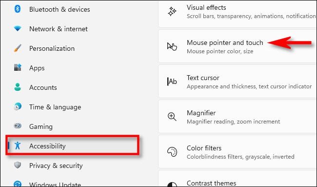 Dans les paramètres de Windows 11, cliquez sur "Accessibilité" dans la barre latérale, puis sélectionnez "Pointeur de souris et toucher."