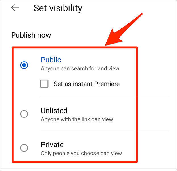 Choisissez la visibilité de votre vidéo sur le "Définir la visibilité" écran dans l'application YouTube.