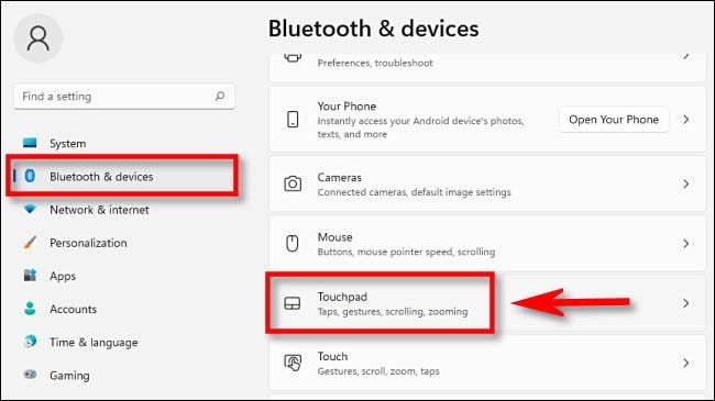 Dans les paramètres de Windows 11, cliquez sur "Bluetooth et appareils" dans la barre latérale, puis sélectionnez "Pavé tactile."