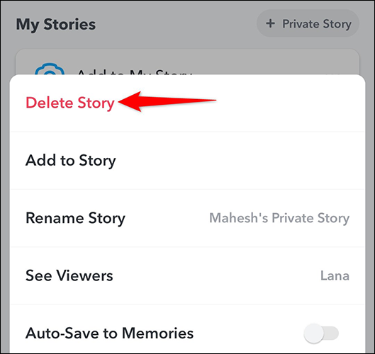 Sélectionner "Supprimer l'histoire" dans le menu à trois points pour une histoire privée dans Snapchat.