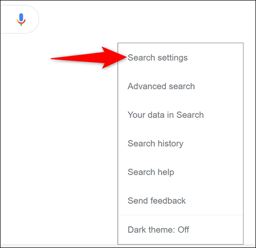 Sélectionner "Paramètres de recherche" du "Paramètres" menu de la recherche Google sur le bureau.