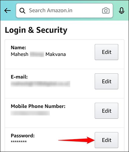 Robinet "Éditer" à côté de "Mot de passe" sur le "Connexion et sécurité" page dans l'application Amazon.