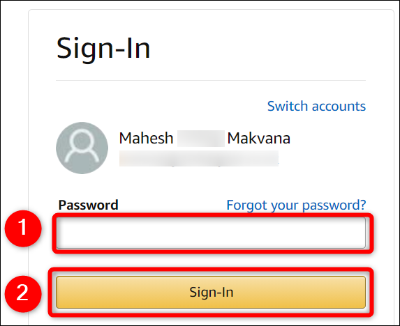 Clique le "Mot de passe" champ, saisissez le mot de passe actuel et cliquez sur "S'identifier" sur le "S'identifier" page du site Amazon.