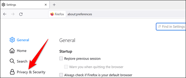 Cliquez sur "Confidentialité et sécurité" sur le "Paramètres" page dans Firefox sur le bureau.