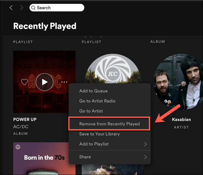 appuie sur le "Supprimer des lectures récentes" option pour supprimer l'entrée de votre Spotify "Joué récemment" liste.