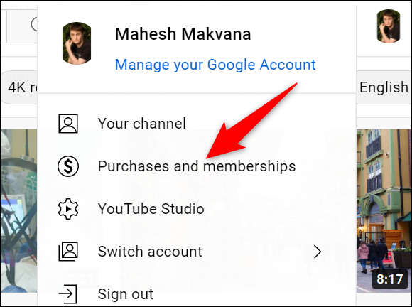 Sélectionner "Achats et adhésions" dans le menu de profil sur le site YouTube.
