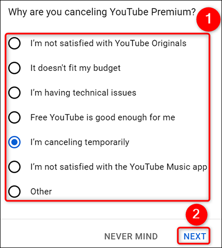 Sélectionnez un motif d'annulation et cliquez sur "Prochain" sur le site YouTube.