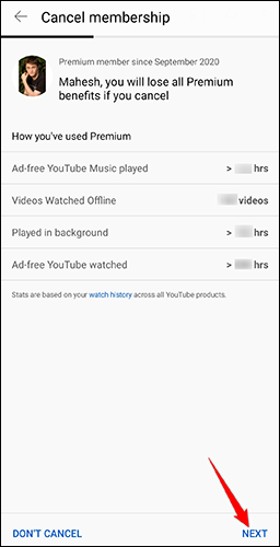 Robinet "Prochain" sur le "Annuler l'adhésion" page dans l'application YouTube.