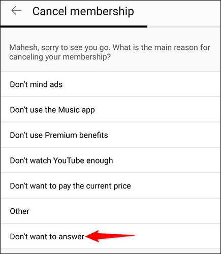 Sélectionnez un motif d'annulation dans l'application YouTube.
