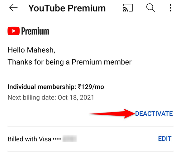 Robinet "Désactiver" sur le "YouTube Premium" page dans l'application YouTube.