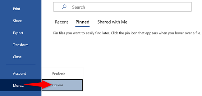 Sélectionner "Options" dans la barre latérale gauche de Word.