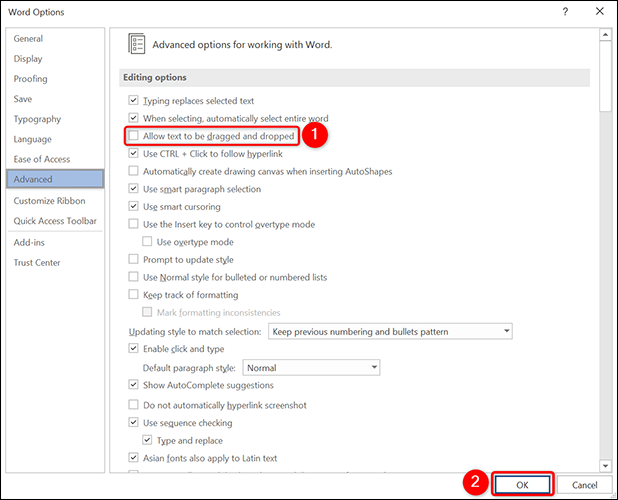 Désactiver le "Autoriser le glisser-déposer du texte" option sur le "Options de mots" fenêtre dans Word.