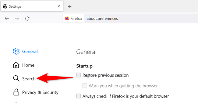 Sélectionner "Chercher" sur le "Paramètres" page dans Firefox sur le bureau.