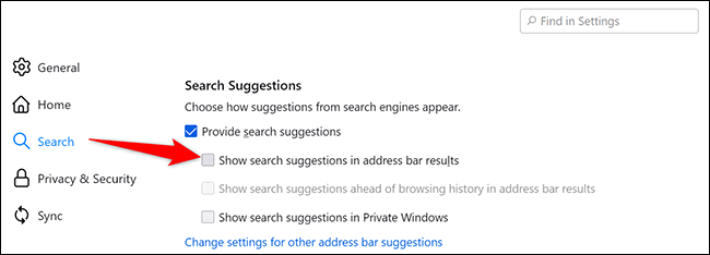 Désactivez le "Afficher les suggestions de recherche dans les résultats de la barre d'adresse" option sur le "Paramètres" page dans Firefox sur le bureau.