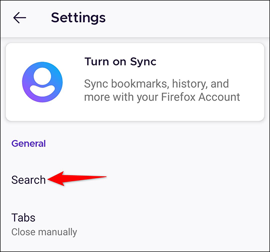 Sélectionner "Chercher" sur le "Paramètres" page dans Firefox sur Android.