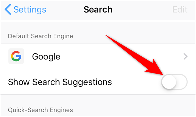 Désactivez le "Afficher les suggestions de recherche" option sur le "Chercher" page dans Firefox sur iPhone.
