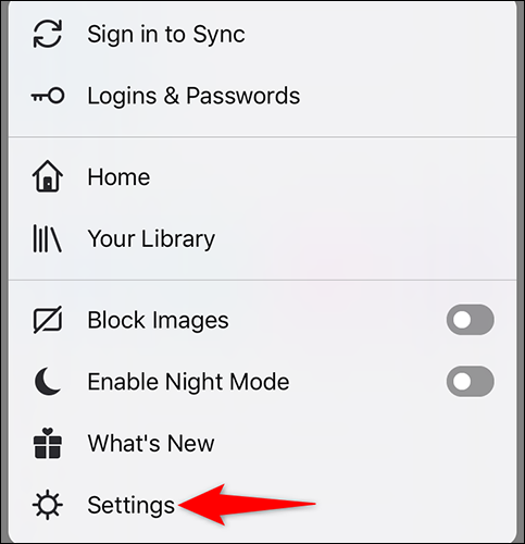 Sélectionner "Paramètres" dans le menu de Firefox sur iPhone.