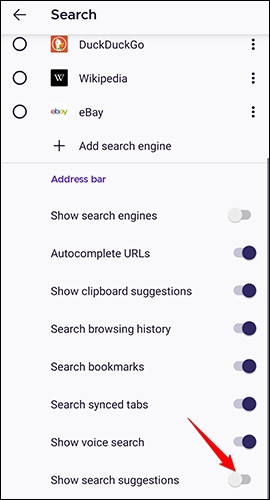 Désactivez le "Afficher les suggestions de recherche" option sur le "Chercher" page dans Firefox sur Android.