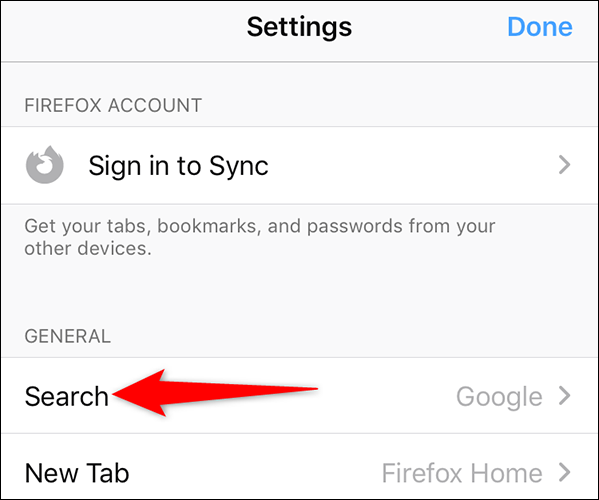 Robinet "Chercher" sur le "Paramètres" page dans Firefox sur iPhone.