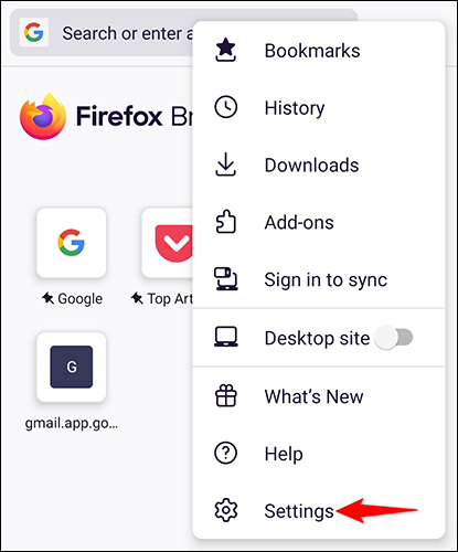 Sélectionner "Paramètres" dans le menu à trois points de Firefox sur Android.