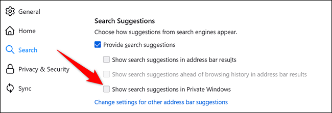 Désactivez le "Afficher les suggestions de recherche dans les fenêtres privées" option sur le "Paramètres" page dans Firefox sur le bureau.