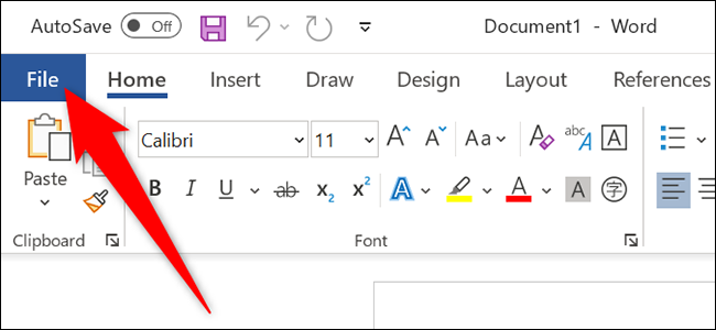 Cliquez sur "Déposer" dans le coin supérieur gauche de Word.