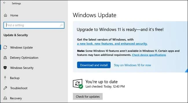 Windows Update proposant Windows 11 sur Windows 10.