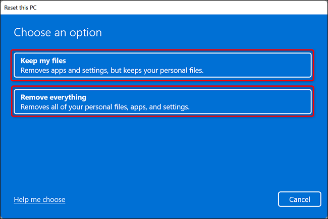 Sélectionnez une option sur le "Réinitialiser ce PC" fenêtre sous Windows 11.