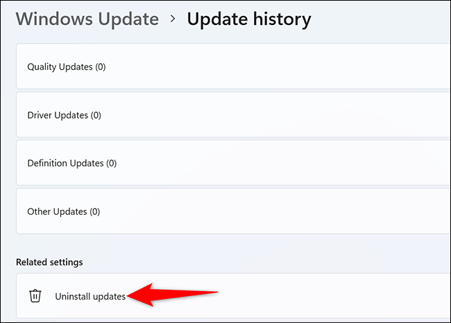Sélectionner "Désinstaller les mises à jour" sur le "Mettre à jour l'historique" dans Paramètres sous Windows 11.