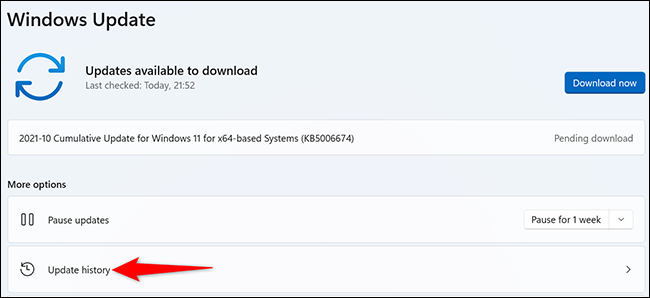 Cliquez sur "Mettre à jour l'historique" sur le "Windows Update" dans Paramètres sous Windows 11.