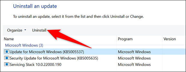 Sélectionnez une mise à jour Windows et cliquez sur "Désinstaller."