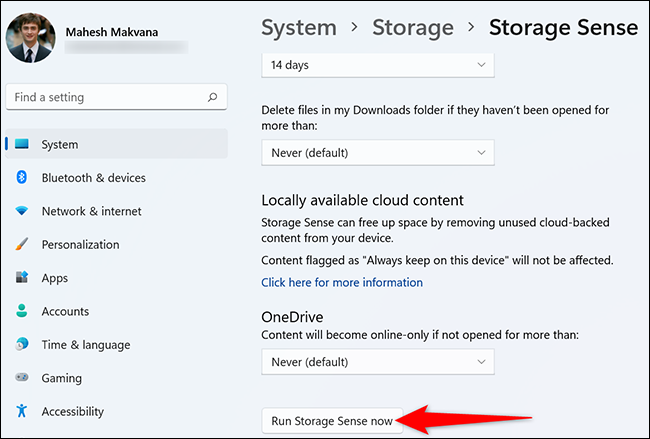 Cliquez sur "Exécuter Storage Sense maintenant" sur le "Sens du stockage" page dans Paramètres.