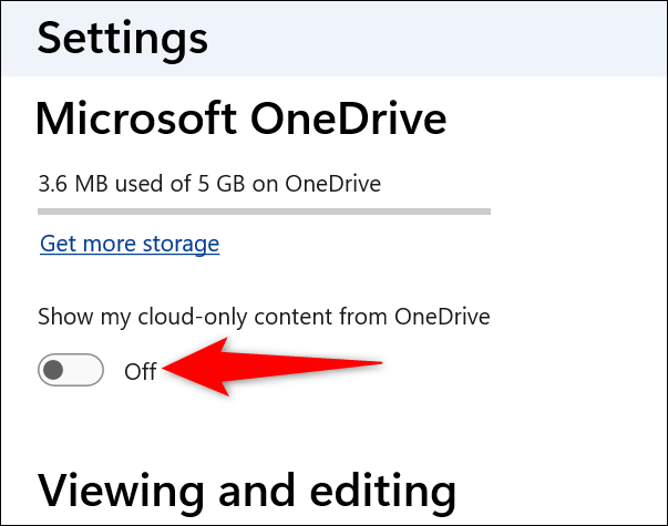 Éteindre "Afficher le contenu My Cloud uniquement à partir de OneDrive" en photo.